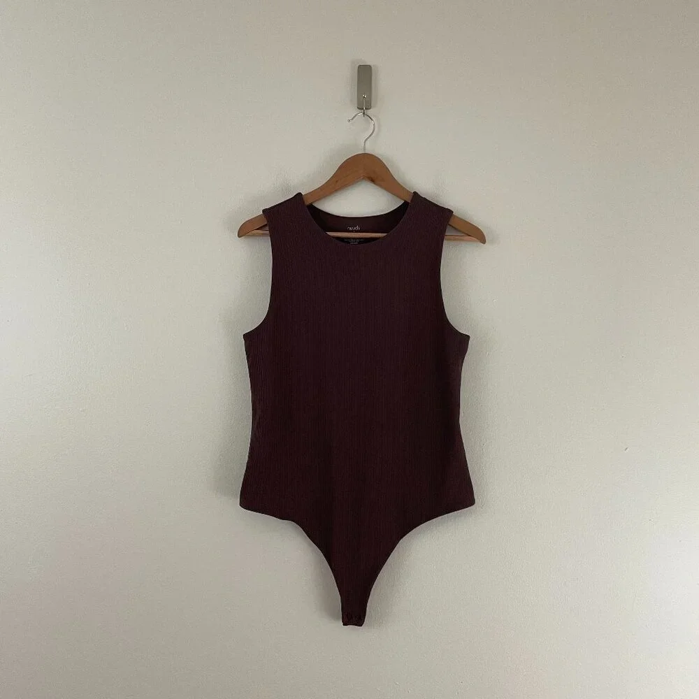 Nuuds Ribbed Crew Neck Tank Sleeveless Bodysuit in Coffee Size Large